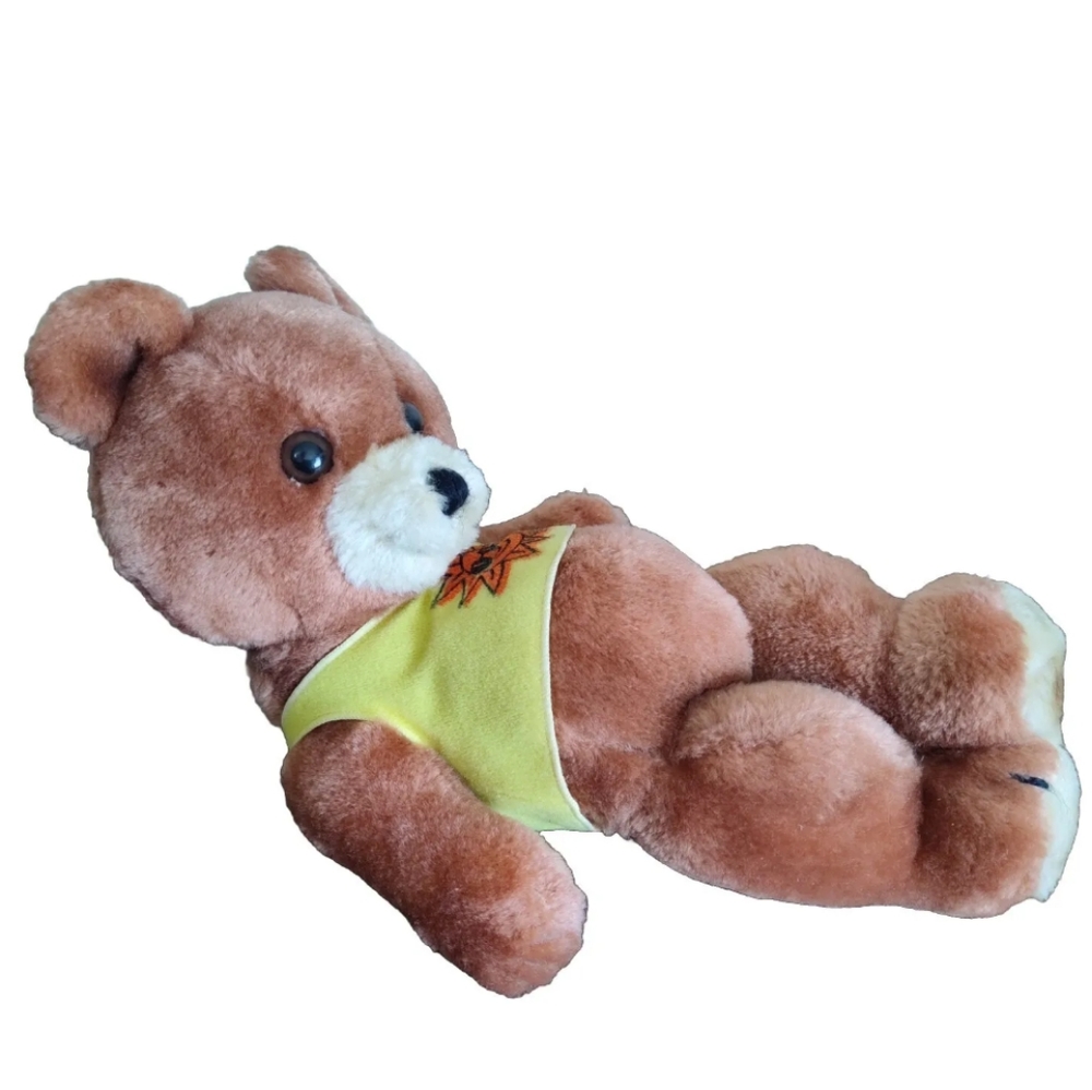 1979 Dakin Sunbathing Teddy Plush Vintage Reclining Bear Yellow Sun Shirt